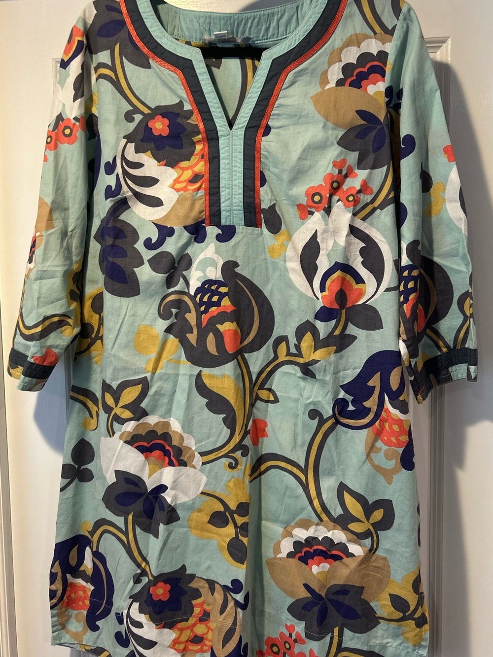 Boden Mint Floral-Print Tunic with Navy & Mustard Accents